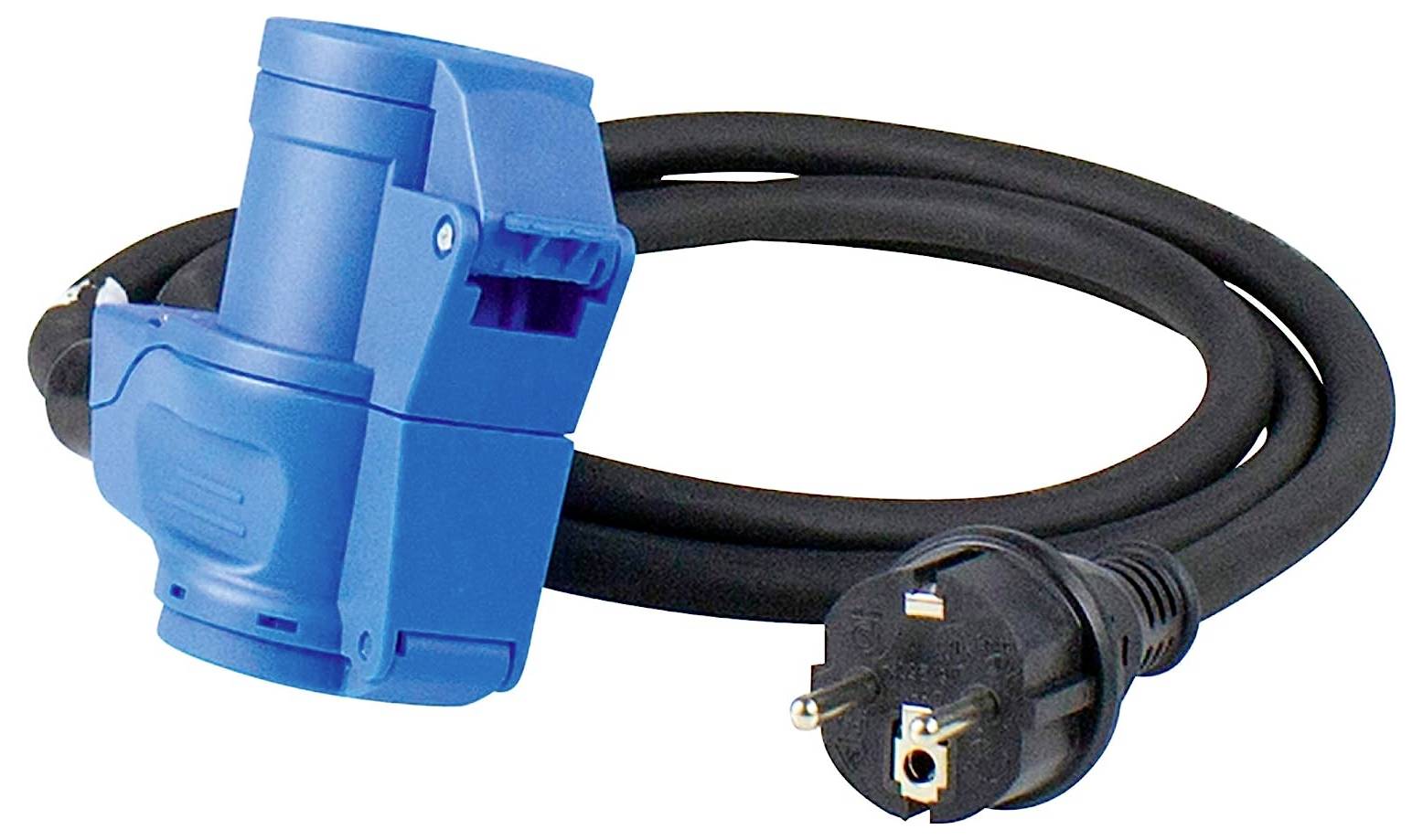 'Schwarzes Stromkabel mit blauem CEE-Stecker und Schuko-Stecker.'