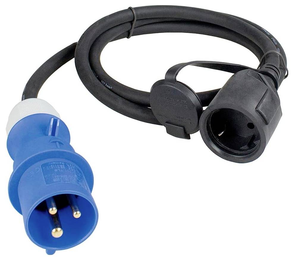 Ein blau-schwarzes Verlängerungskabel mit einem blauen Stecker und einer schwarzen Kupplung.