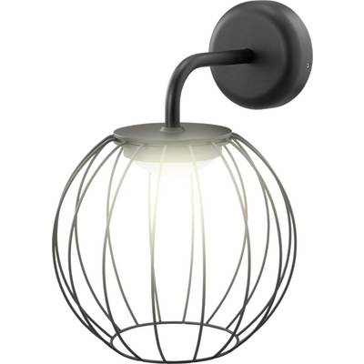 Eine moderne wandmontierte Lampe mit einer sphärischen, offenen Drahtgestaltung und einem weichen, warmen Licht, das von der Glühbirne im Inneren abstrahlt.