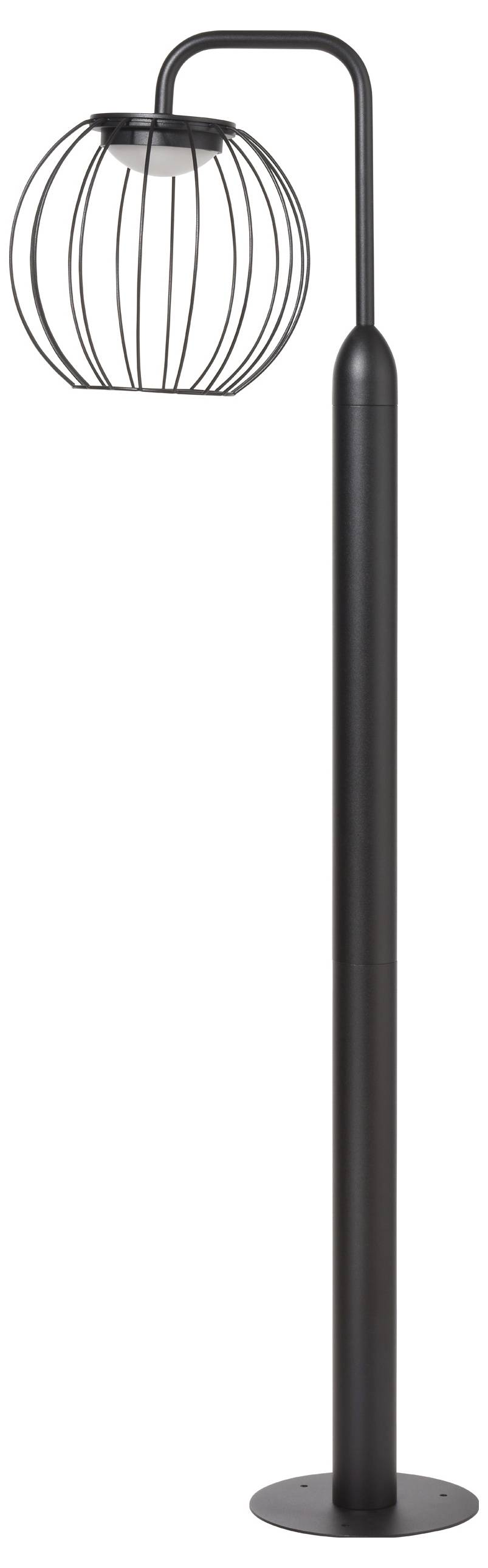 Eine hohe, schlanke schwarze Außenlaterne mit einem runden, offenen Drahtgitterdesign, das die Lampe umgibt.