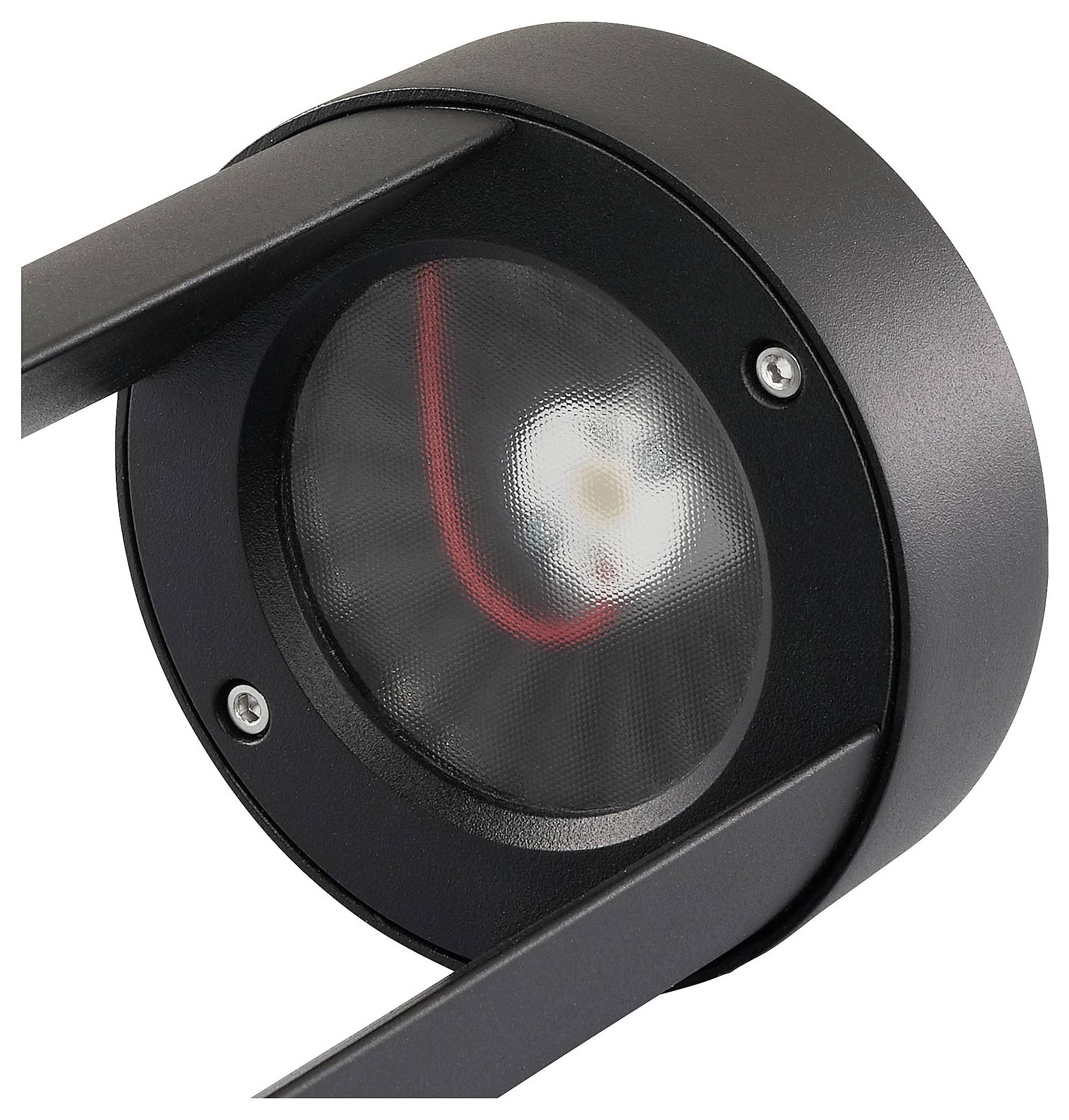 Nahaufnahme einer schwarzen, kreisförmigen LED-Leuchte mit transparenter Abdeckung, bei der eine einzelne LED-Lampe und ein roter reflektierender Akzent im Inneren zu sehen sind.