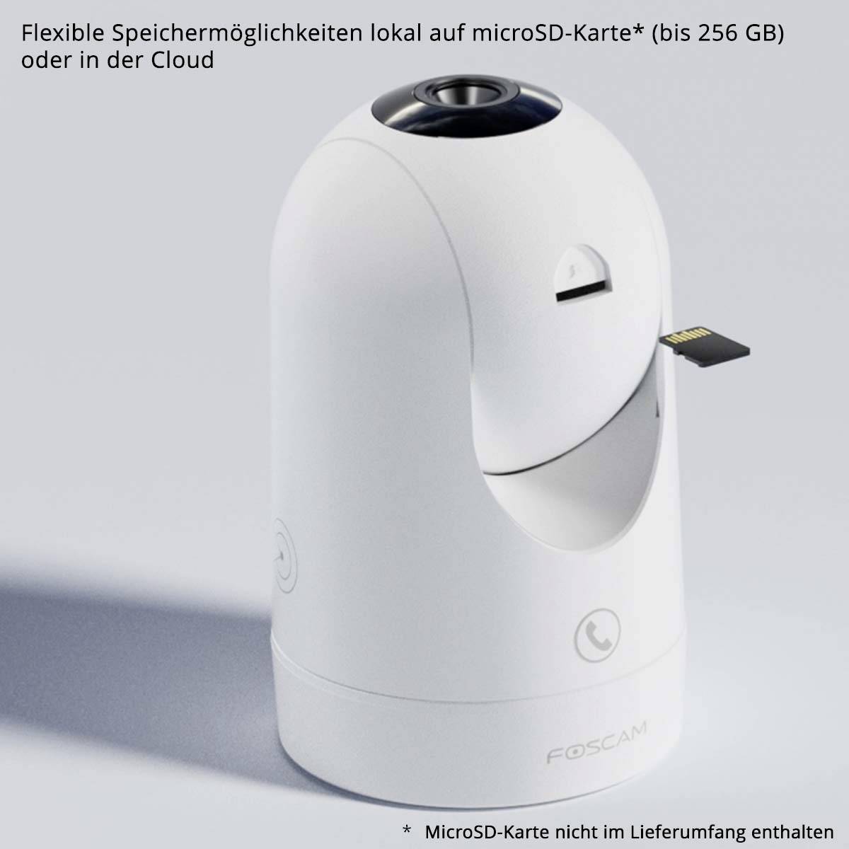 Eine weiße Überwachungskamera mit einem Steckplatz, in den eine microSD-Karte eingefügt wird. Text oben: 'Flexible Speichermöglichkeiten lokal auf microSD-Karte* (bis 256 GB) oder in der Cloud'. Unten: 'MicroSD-Karte nicht im Lieferumfang enthalten'.