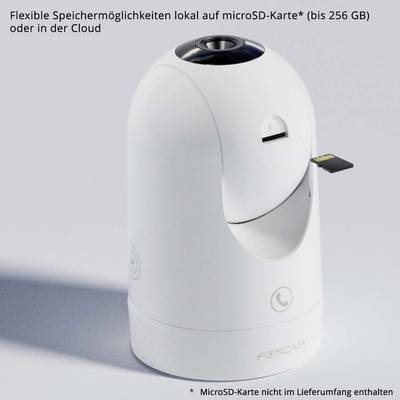 Eine weiße Überwachungskamera mit einem Steckplatz, in den eine microSD-Karte eingefügt wird. Text oben: 'Flexible Speichermöglichkeiten lokal auf microSD-Karte* (bis 256 GB) oder in der Cloud'. Unten: 'MicroSD-Karte nicht im Lieferumfang enthalten'.