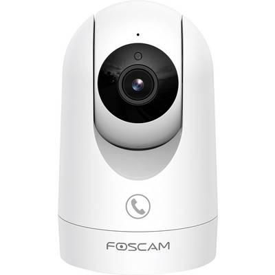 Weiße Überwachungskamera mit Linse im Zentrum, gekennzeichnet mit einem Telefonsymbol darunter und der Marke 'Foscam' unten.