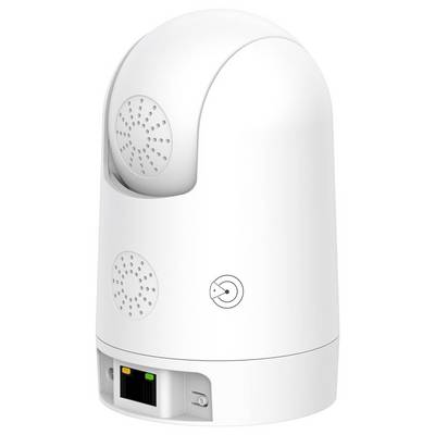 Weiße WLAN-Kamera mit rotierbarem Kopf, Lüftungsschlitzen und Anschlüssen an der Unterseite für Netzwerk- und Stromverbindung.