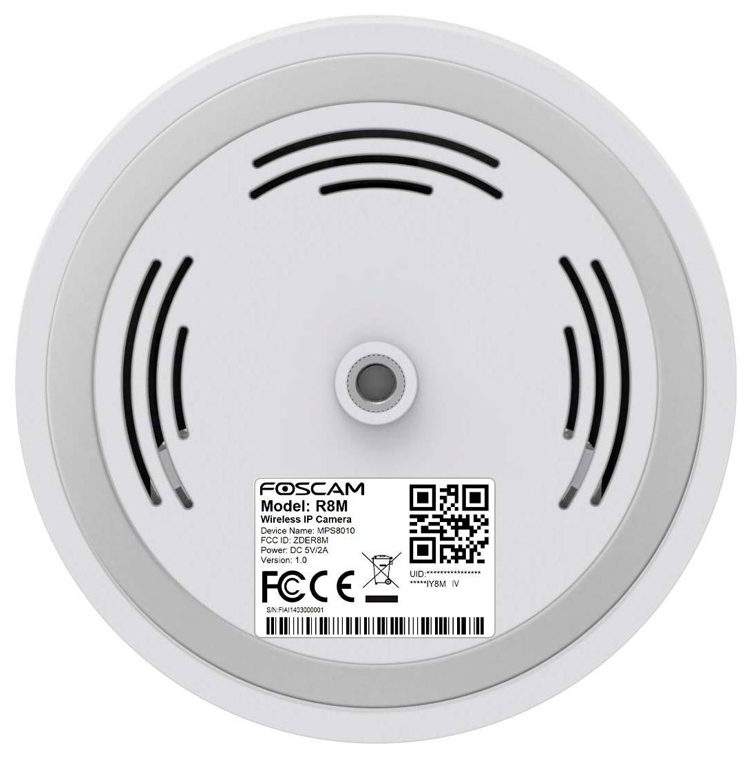 Unterseite einer Überwachungskamera mit Modellnummer und QR-Code. Enthält FCC-Label und technische Informationen zum Gerät.