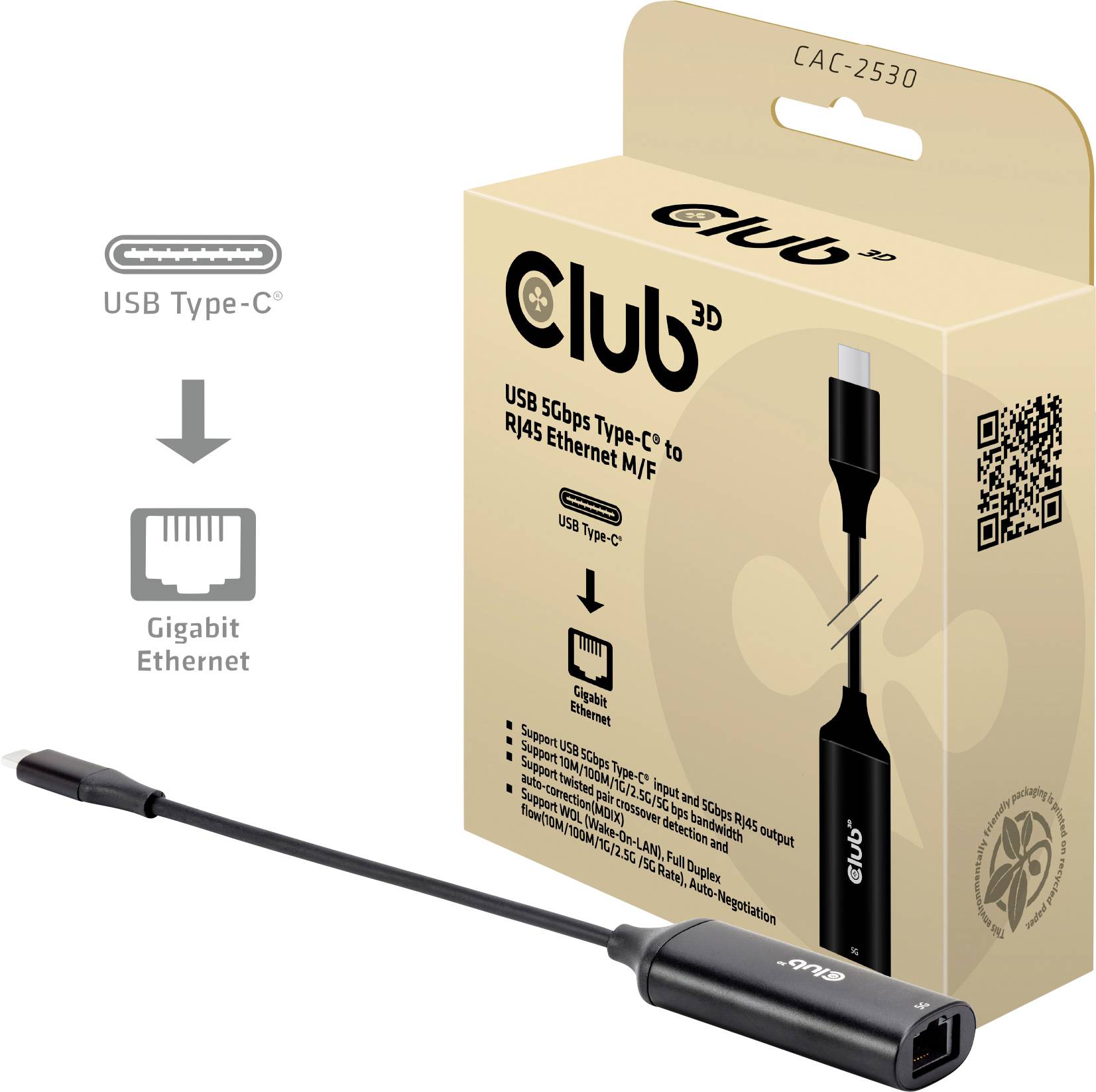 Club 3D CAC-2530 USB 5Gbps Type-C RJ45 Ethernet Adapter