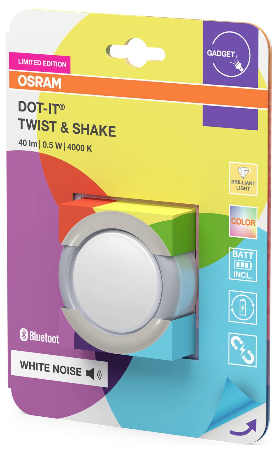 'OSRAM DOT-IT Twist & Shake' tragbare LED-Leuchte mit Bluetooth und Weißes Rauschen Funktion. Verpackt in bunter Schachtel.