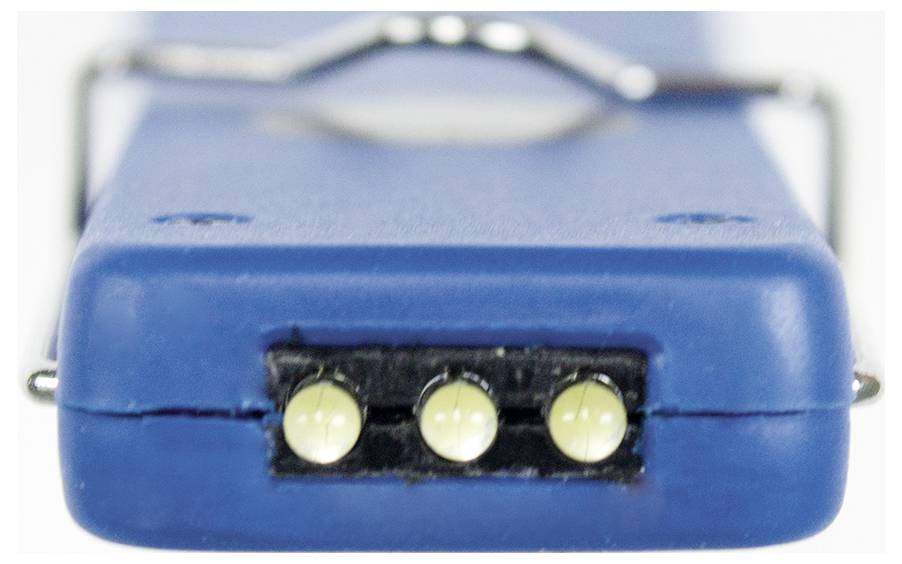 Ein blaues elektrisches Gerät mit drei metallischen Kontakten vorne.