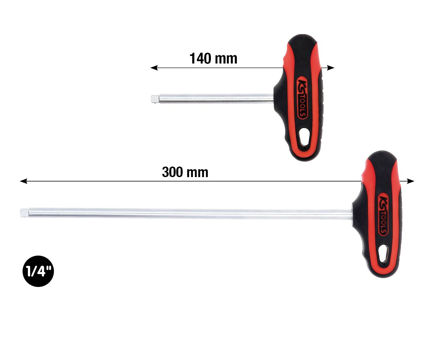 T-Griff Sechskantschlüssel-Set zwei Größen: 140 mm und 300 mm Länge, beide mit 1/4 Zoll Antrieb, rot-schwarze Griffe.