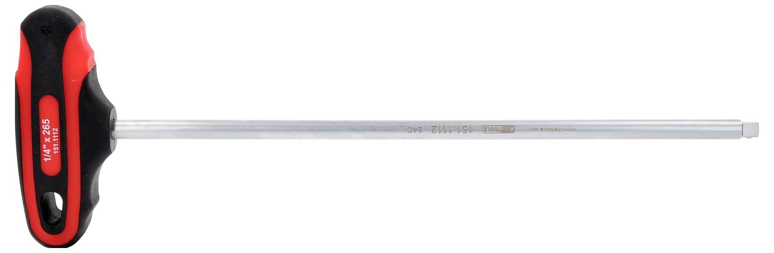 Ein T-Griff-Sechskant-Schraubenschlüssel mit rotem und schwarzem Griff und langem silbernem Schaft.