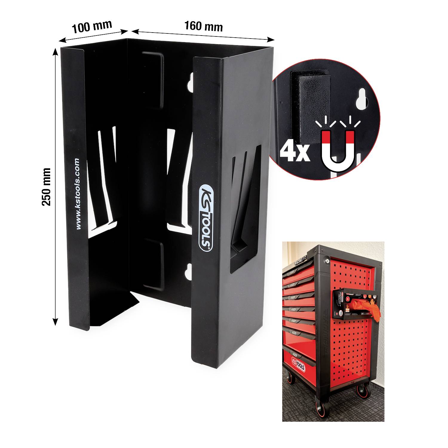 'Magnetischer Halter für Werkzeugkasten, Maße: Höhe 250 mm, Breite 160 mm, Tiefe 100 mm, hält bis zu 4 Magneten, zur Befestigung an Werkstattwagen geeignet.'