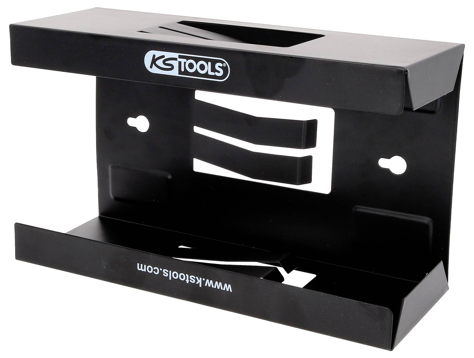 Schwarzer Wandhalter zur Aufbewahrung von Werkzeugen, mit Logo 'KS Tools' und Website-Adresse, zwei Halterungen innen.