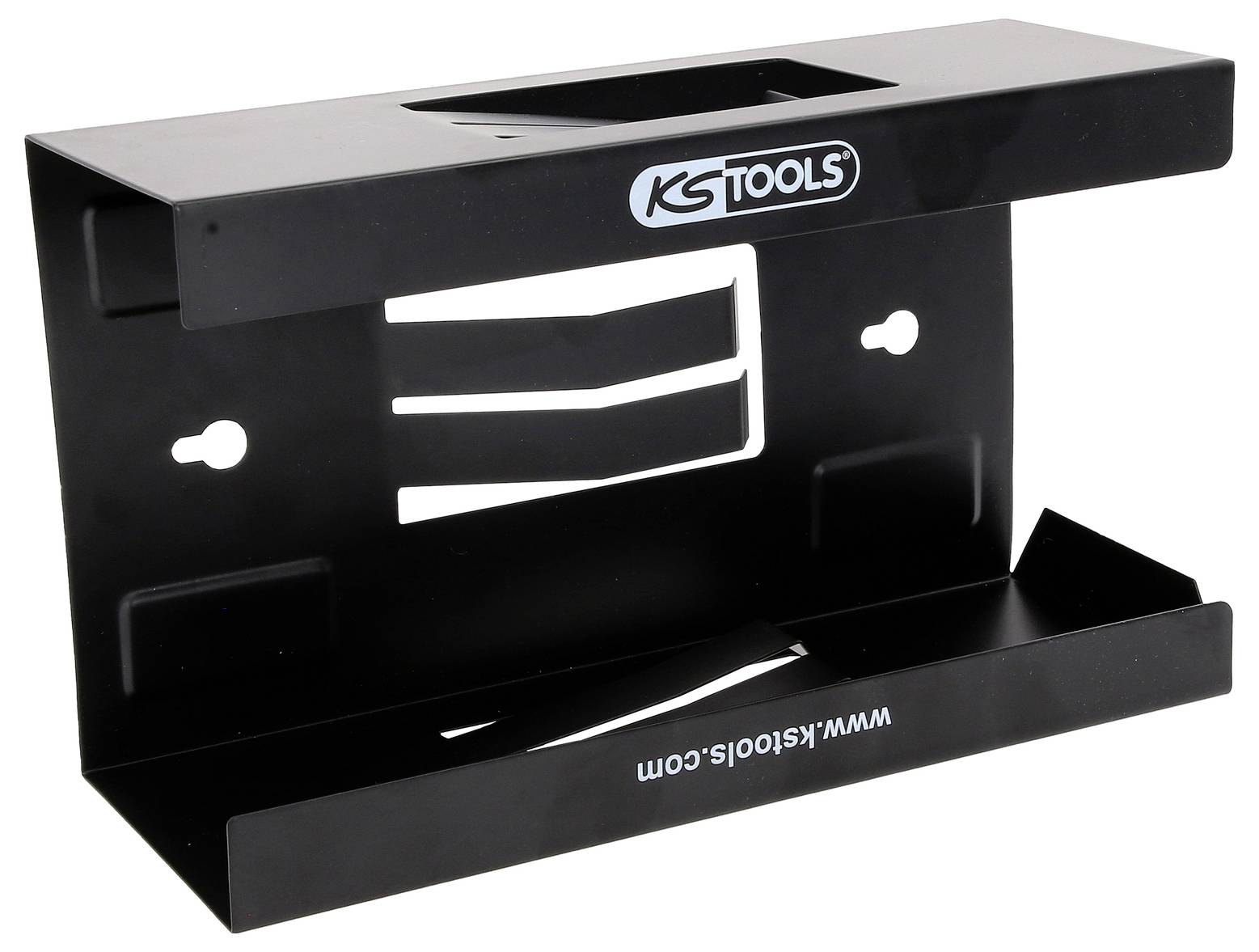 Schwarzer Werkzeughalter mit Logo 'KS Tools', zur Wandmontage. Designed für die Aufbewahrung von Werkzeugen wie Schraubenschlüsseln.