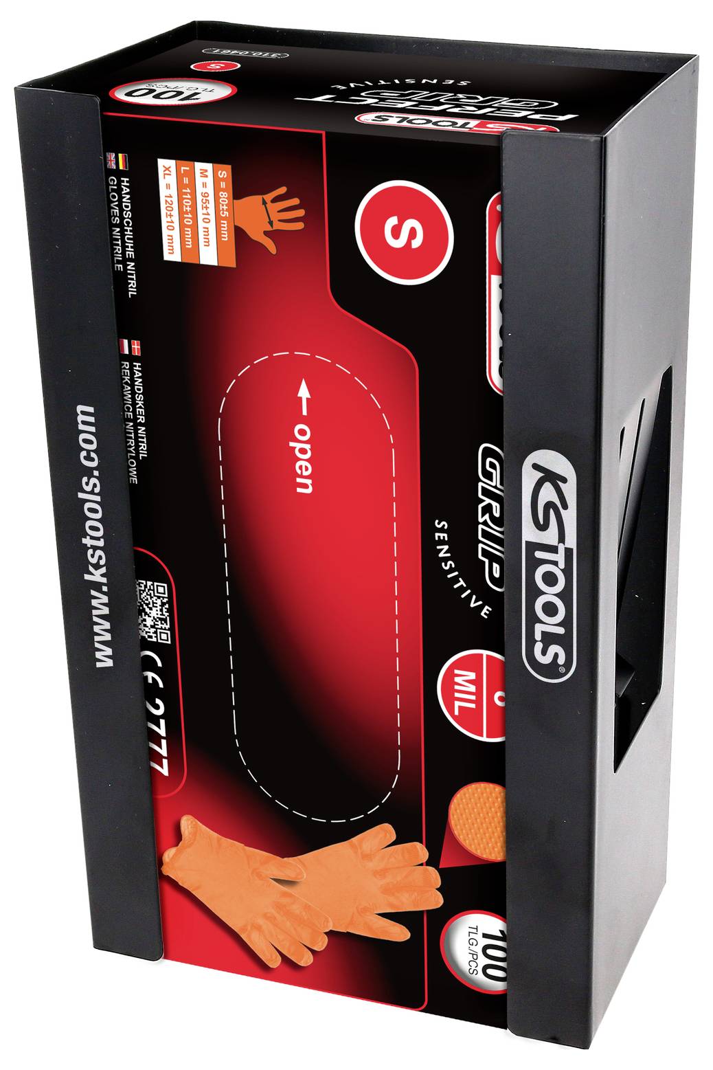 Eine schwarze Verpackung von KS Tools mit Einmalhandschuhen, Größe S, zeigt ein Bild von orangefarbenen Handschuhen. 100 Stück enthalten.