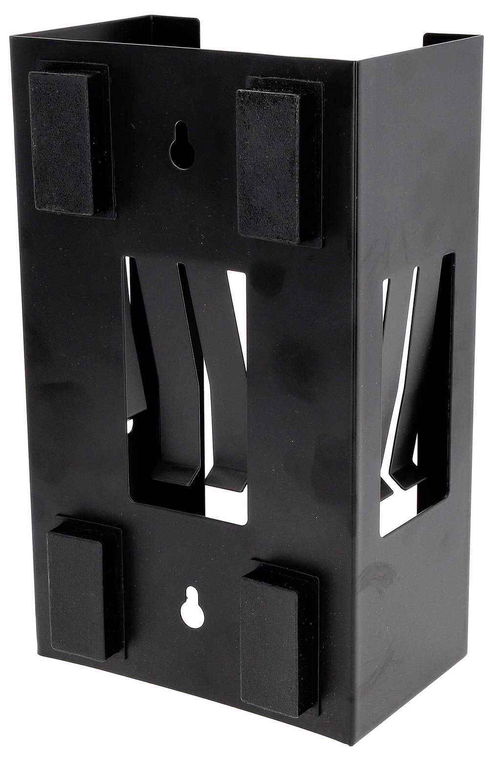 Schwarze, rechteckige Wandhalterung aus Metall mit vier Schaumstoffpolstern und zwei Schlüssellochöffnungen für die Montage.
