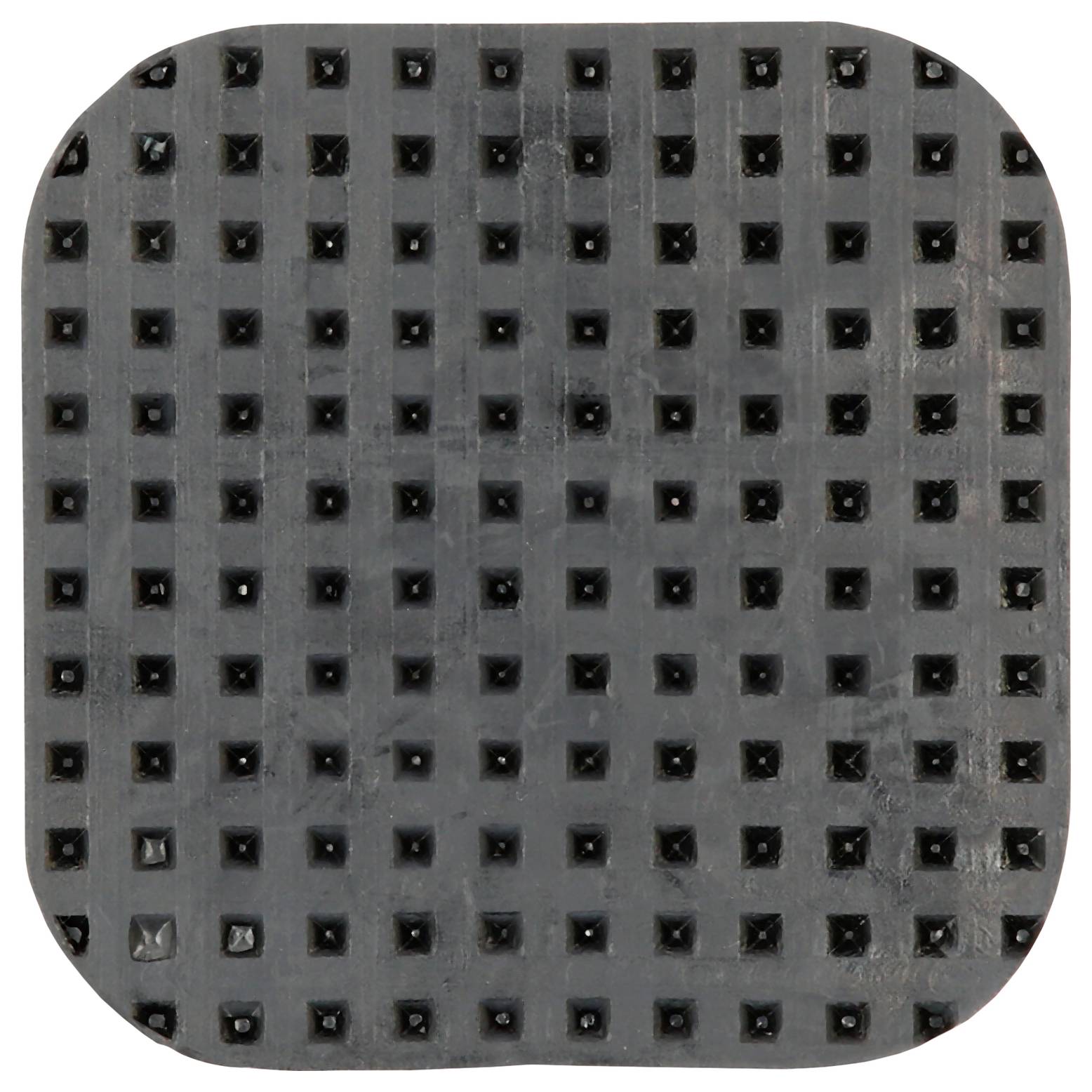 Eine schwarz-graue, quadratische Gummimatte mit einem Gittermuster aus erhöhten Noppen.