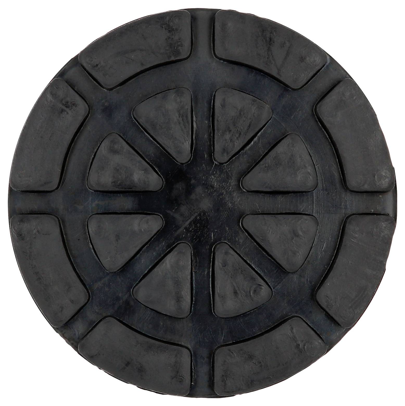 'Runde, schwarze Gummipolsterung mit Rillenmuster in Form eines stilisierten Speichenrades.'