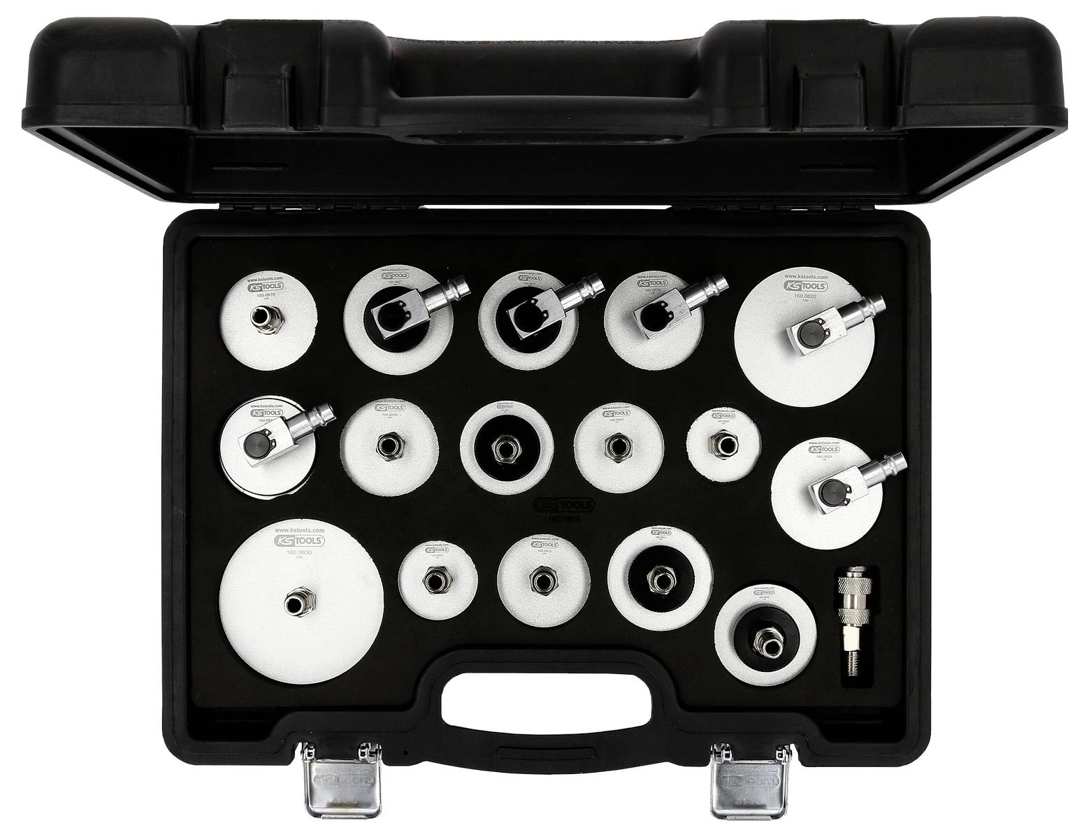 Ein Set von weißen Lochsägen mit verschiedenen Größen in einem schwarzen Koffer, organisiert in zwei Reihen.