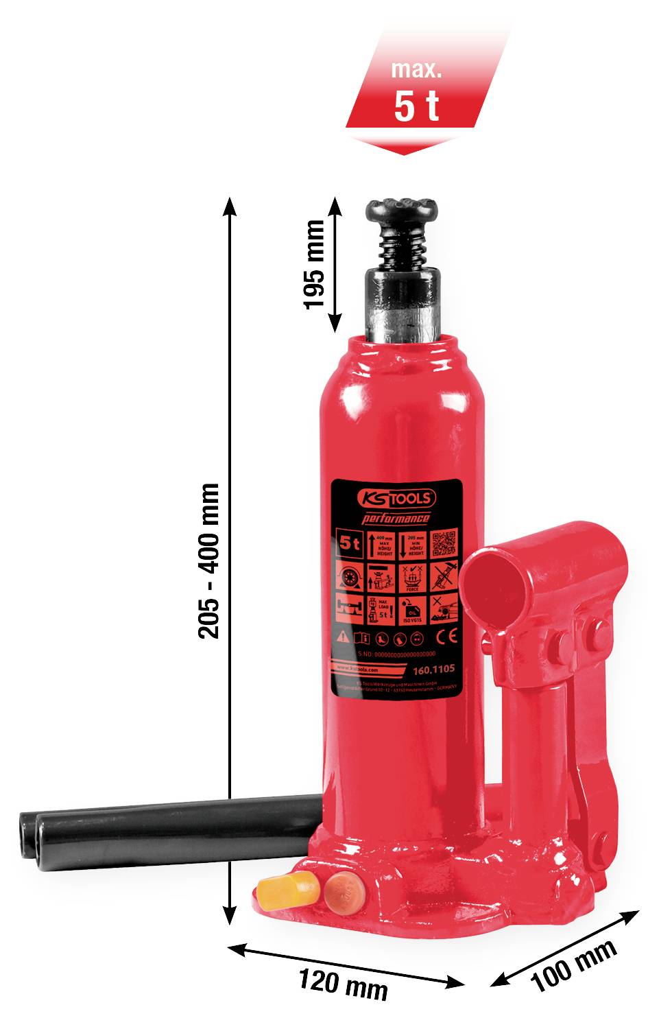 'Roter hydraulischer Wagenheber mit Kapazität von maximal 5 Tonnen. Höhenverstellbar von 205 bis 400 mm. Basisgröße: 120 x 100 mm.'