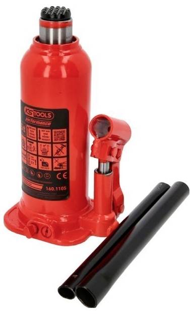 'Roter hydraulischer Wagenheber mit schwarzem Griff, geeignet zum Anheben schwerer Fahrzeuge in Werkstätten oder Garagen.'