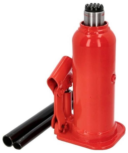 Roter hydraulischer Wagenheber mit zwei schwarzen Hebelstangen, verwendet zum Anheben schwerer Lasten.