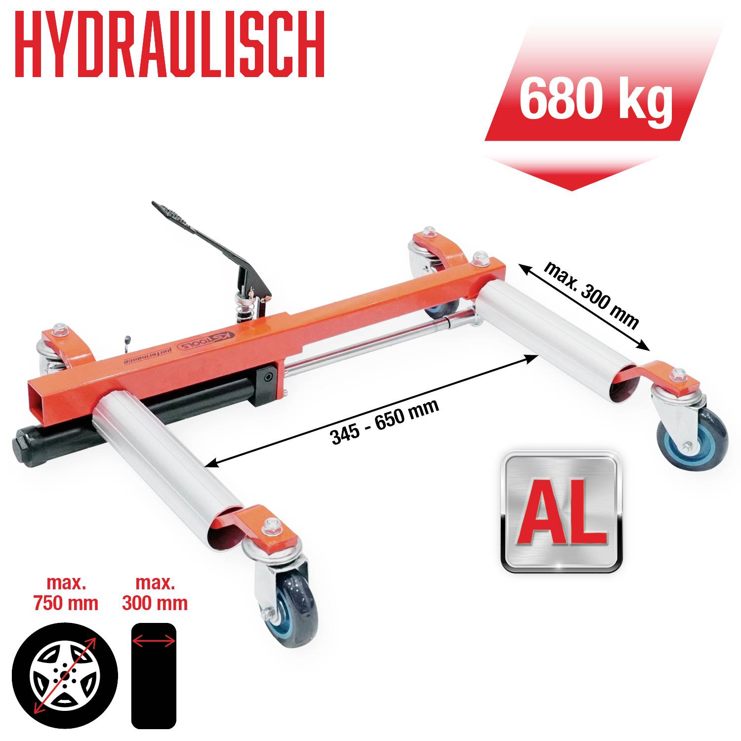 'Rangierwagenheber mit hydraulischer Hebevorrichtung, Tragkraft von 680 kg. Einstellbare Breite 345–650 mm, max. Hebehöhe 300 mm.'