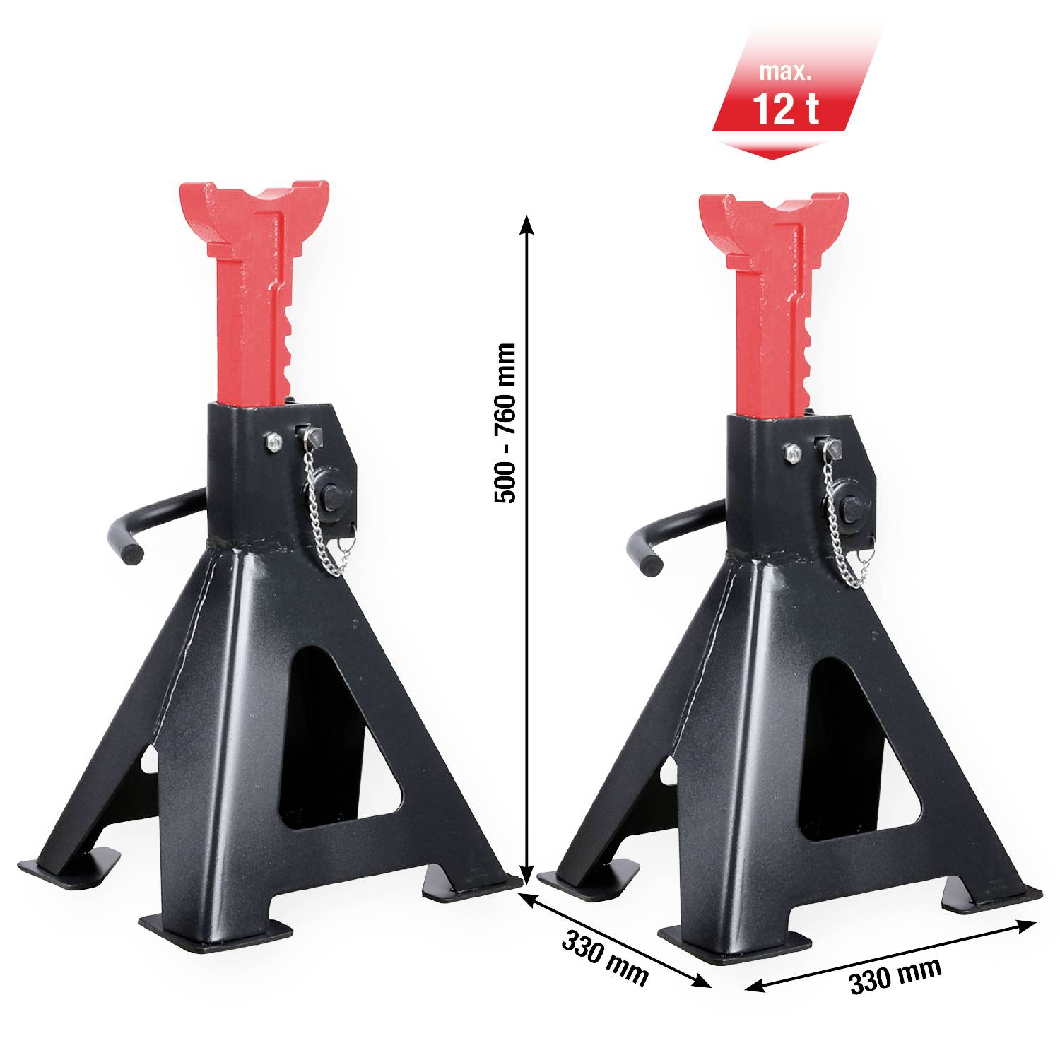 Zwei schwarze Wagenheberständer mit rotem Kopf, höhenverstellbar von 500 bis 760 mm. Maximale Traglast 12 Tonnen.