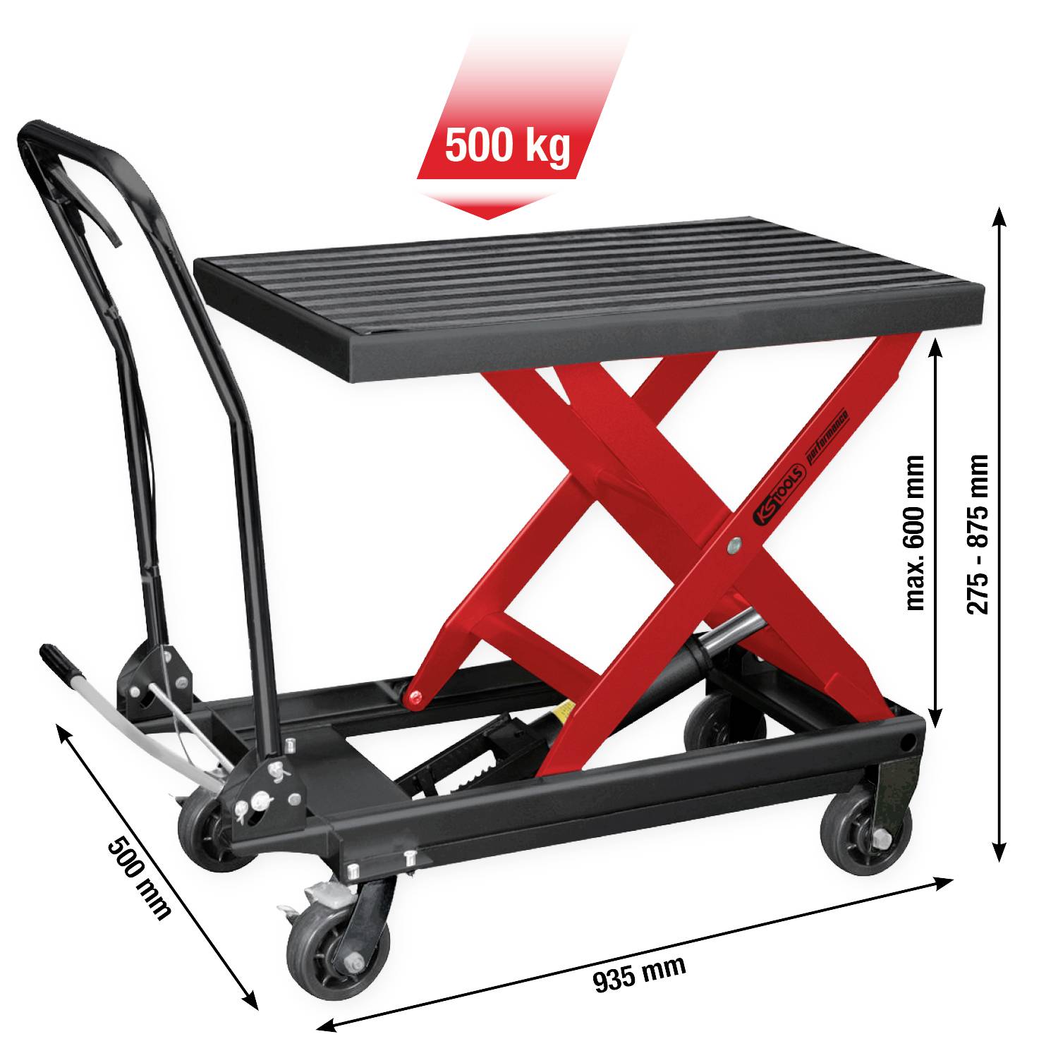 Hubwagen mit Plattform, rot und schwarz, maximale Traglast 500 kg, verstellbare Höhe zwischen 275-875 mm, Plattformgröße 600x500 mm.