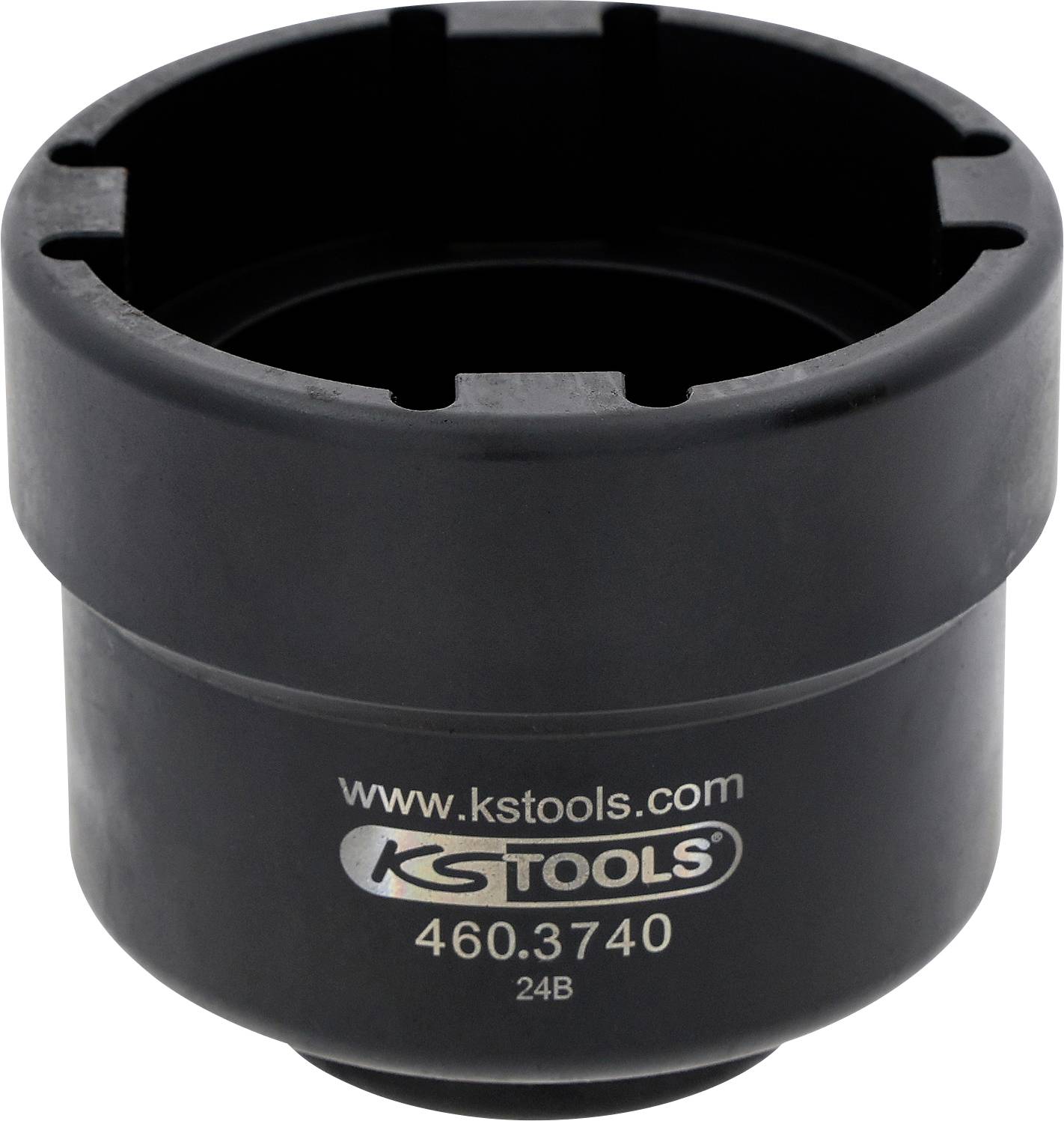 Schwarzes KS Tools Stecknüsselprogramm mit weit offener Oberseite, mit der Beschriftung "www.kstools.com" und "460.3740 24B" an der Seite.