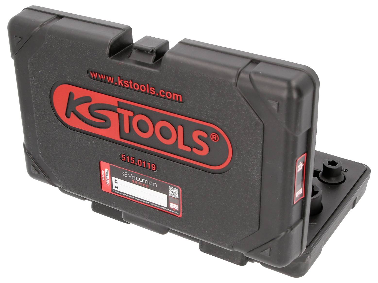 Schwarzer Werkzeugkoffer von KS Tools mit rotem Logo und der Nummer '515.0119'. Dient zur Aufbewahrung von Werkzeugen.