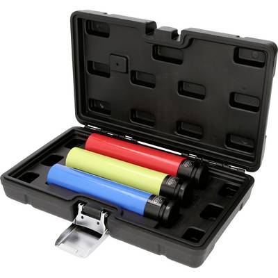 Drei Farbhülsen (blau, rot, gelb) in einem schwarzen Hartschalenkoffer mit Fächern, teilweise offen, auf weißem Hintergrund.