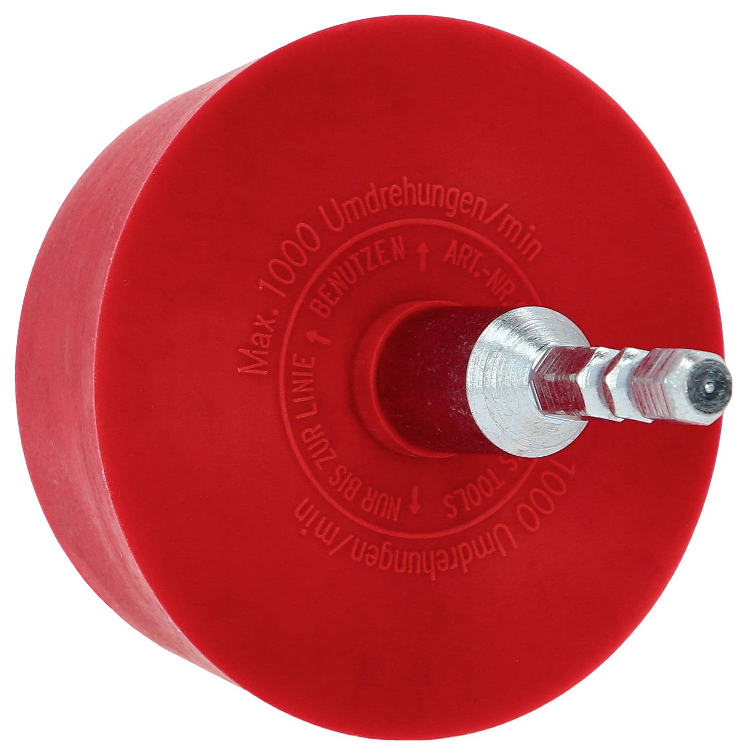 Runder, roter Schleifteller mit Metallstift in der Mitte. Text 'Max. 7000 Umdrehungen/min'. Geeignet für Schleifwerkzeuge.