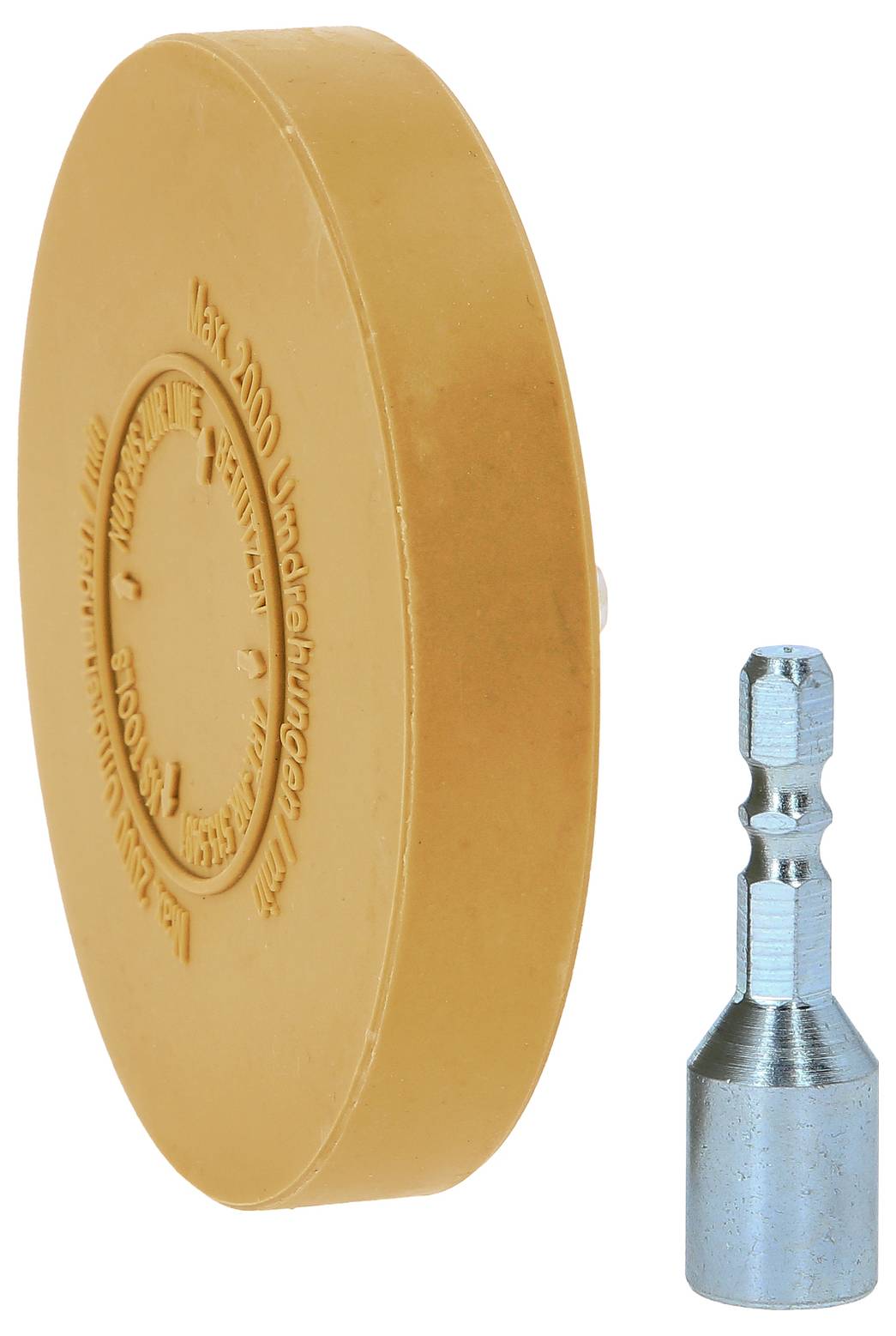 'Oranges Radiergummi-Werkzeug und silberner Adapter zum Entfernen von Aufklebern.'