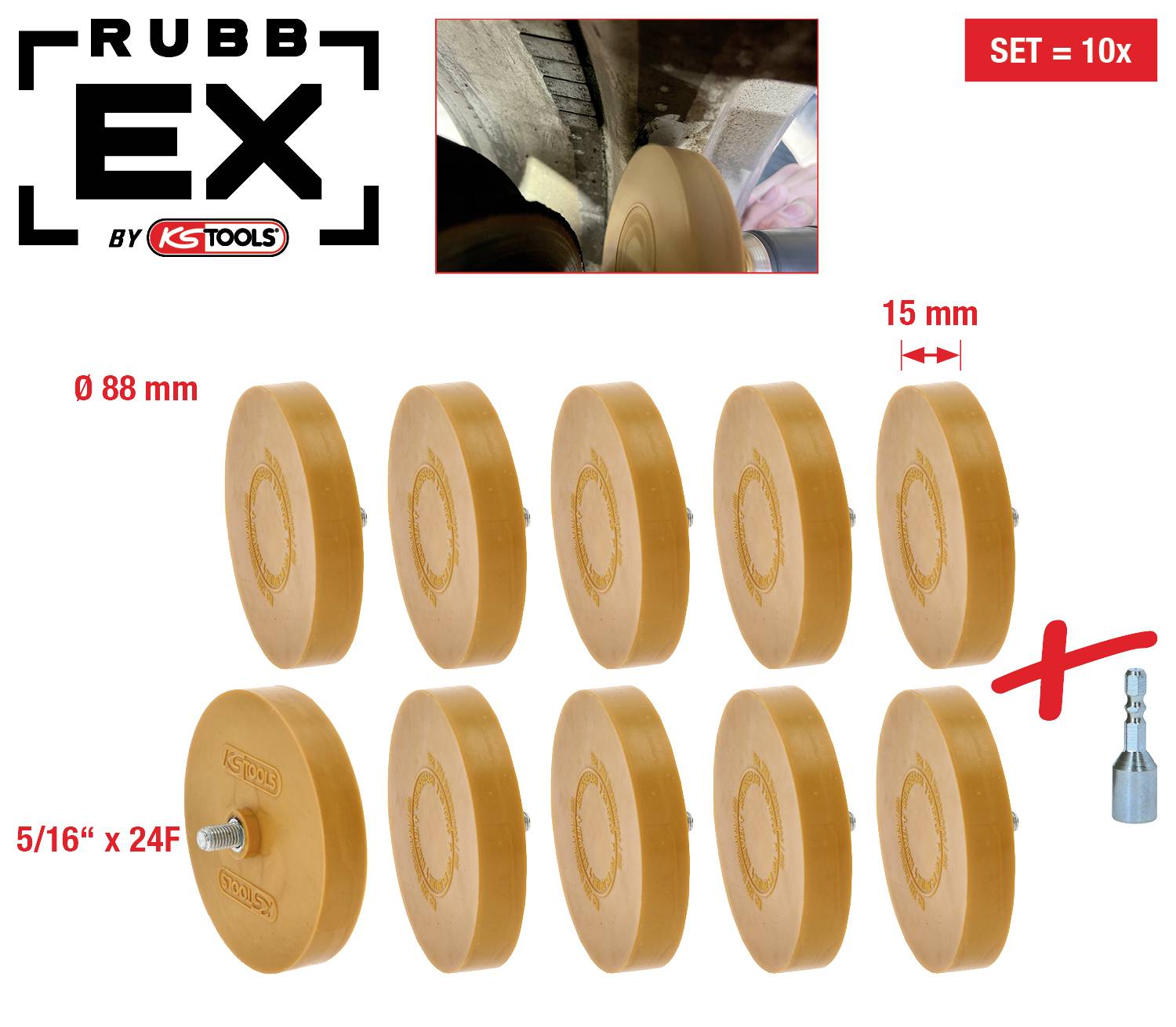 'Set von zehn RubbEx-Rädern und einem Adapter. Geeignet für Entfernung von Aufklebern. Maße: 88 mm Durchmesser, 15 mm Breite.'