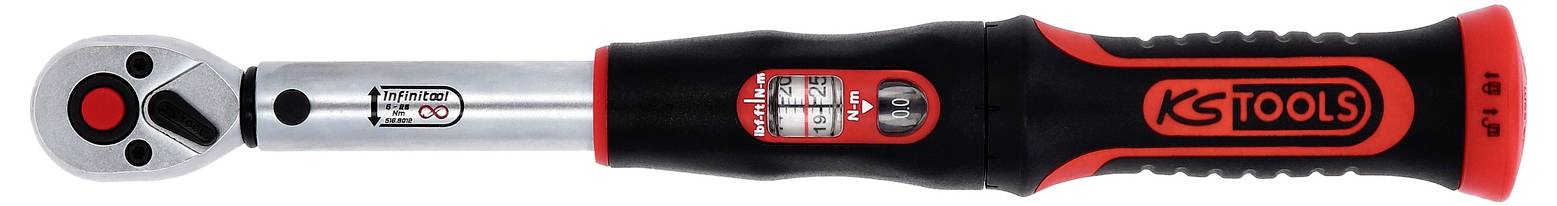 Ein Drehmomentschlüssel mit schwarzem Griff und roten Akzenten. Die Skala in der Mitte zeigt verschiedene Drehmomenteinstellungen.