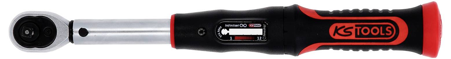 Drehmomentschlüssel von KS Tools mit schwarzem Griff und roten Akzenten, Anzeige für Nm-Werte an der Seite.
