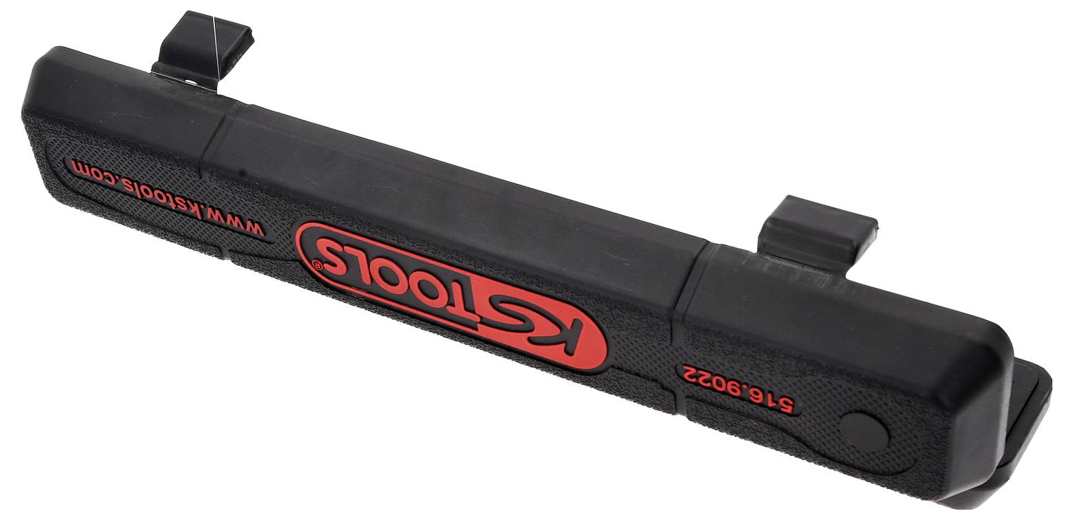 Ein schwarzer Werkzeughalter mit rotem 'K-Tools'-Logo, zwei Befestigungsklammern oben, geeignet zur Aufbewahrung und Organisation.