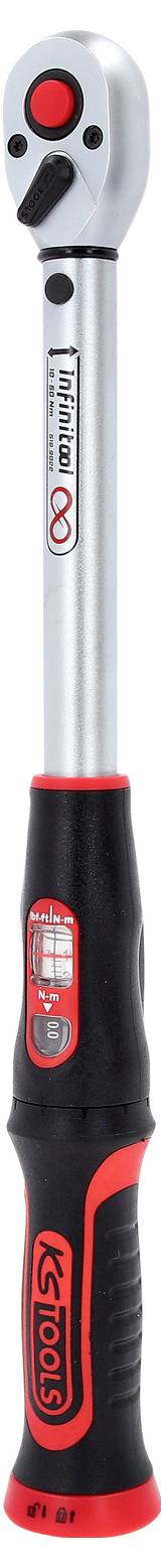 Drehmomentschlüssel von KS Tools mit gummiertem Griff, silbernes Metall mit roten und schwarzen Akzenten. Anzeigen auf dem Griff.