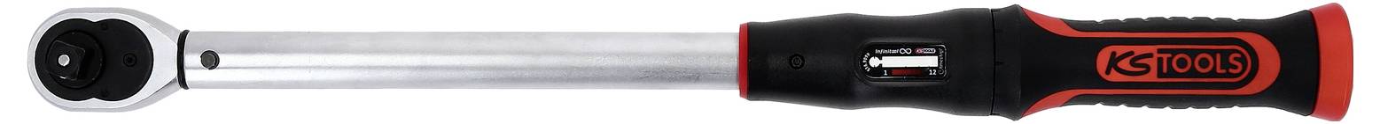 Ein Drehmomentschlüssel mit schwarzem Griff und rotem KStools-Logo, langen Stab aus Metall. Werkzeug zur präzisen Drehmomentmessung.