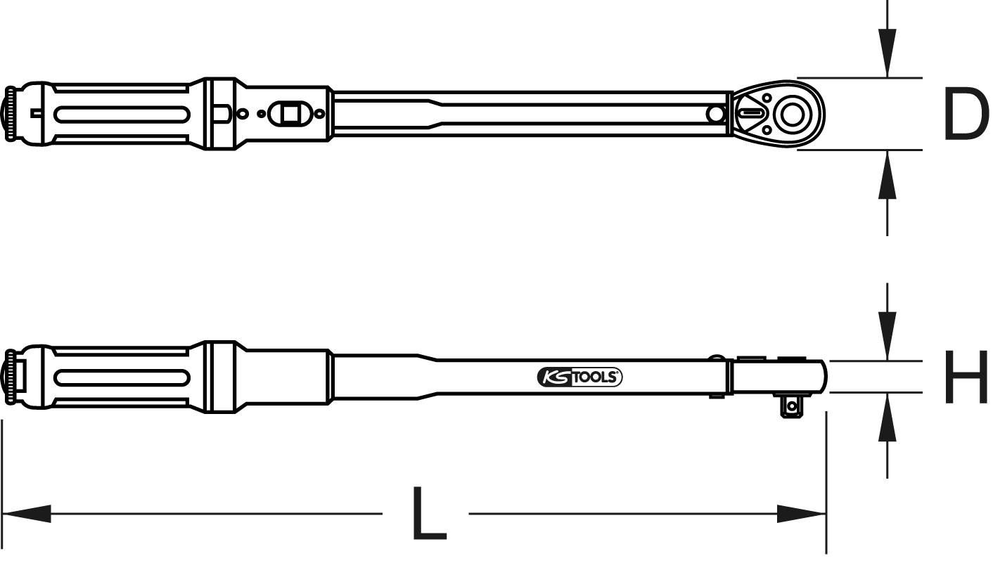 Zeichnung eines einstellbaren Drehmomentschlüssels mit Maßangaben: Länge (L), Kopfgröße (D) und Griffdicke (H).
