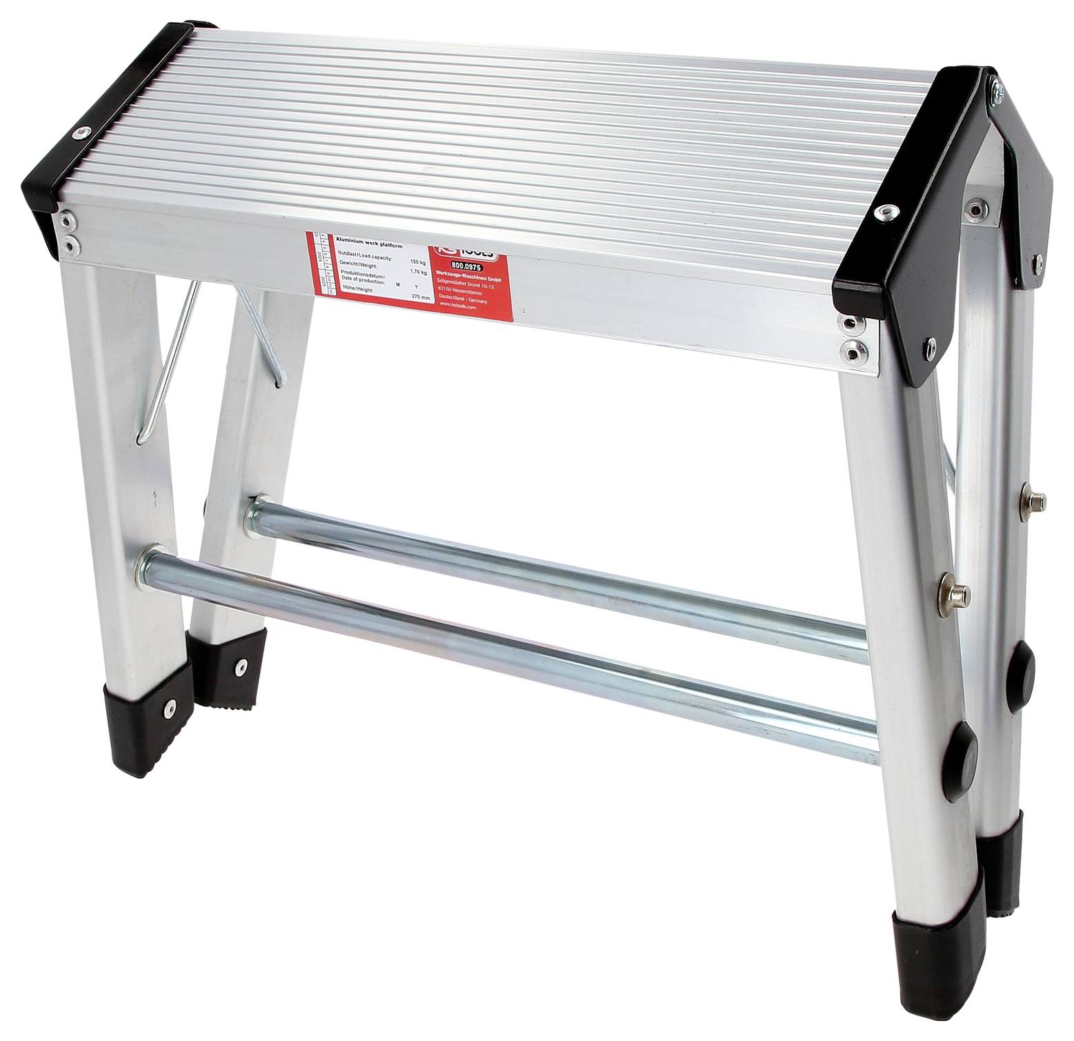 Kleine faltbare Alutrittleiter mit zwei Stufen, silberfarben, geeignet für leichte Heimwerkerarbeiten oder den täglichen Gebrauch im Haushalt.