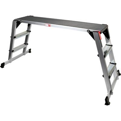 Eine silberne Klappleiter mit schwarzem Gestell. Geeignet für handwerkliche Arbeiten im Innen- und Außenbereich.