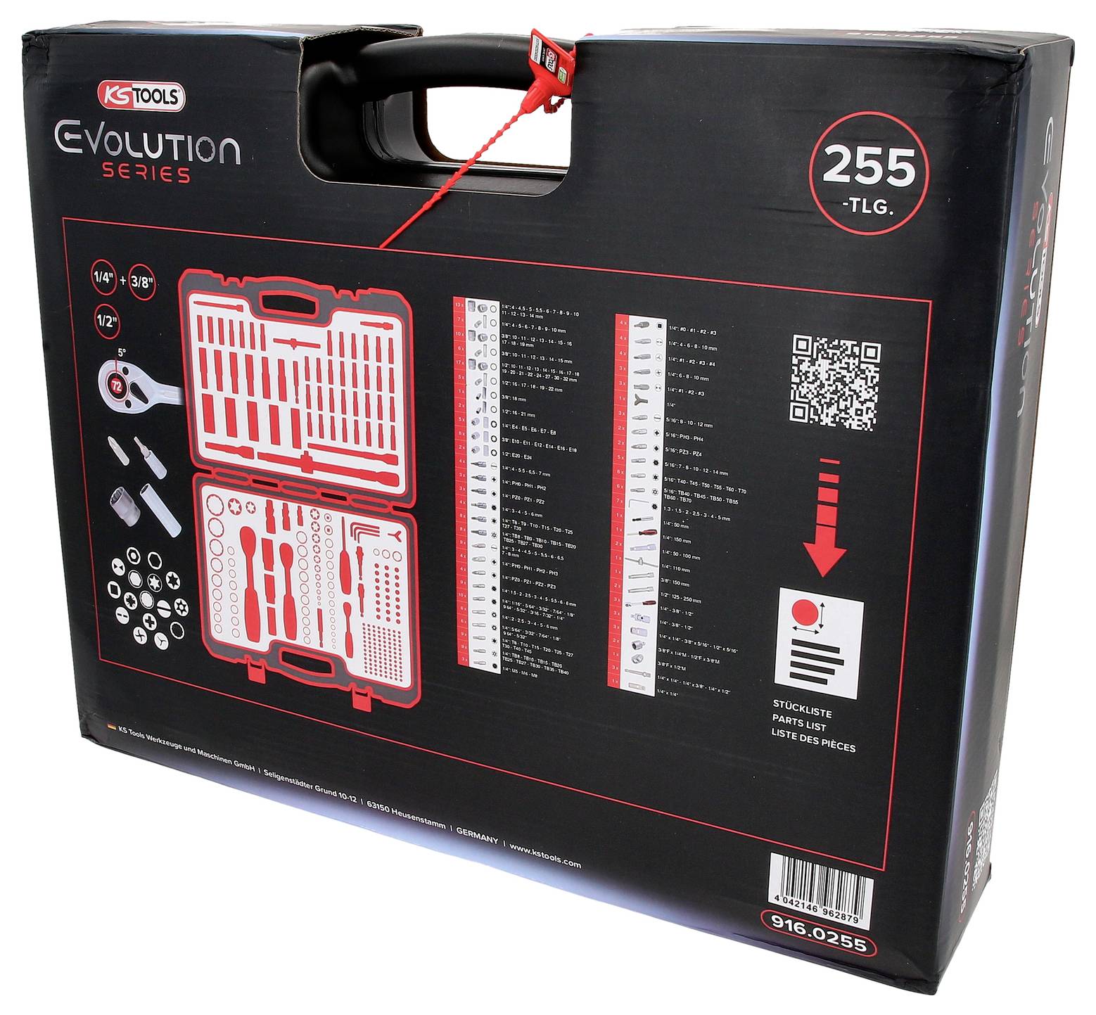 Ein Werkzeugkoffer der Marke 'KS Tools' aus der Evolution Series mit 255 Teilen. Enthält Abbildungen der Werkzeuge und eine Teileliste.