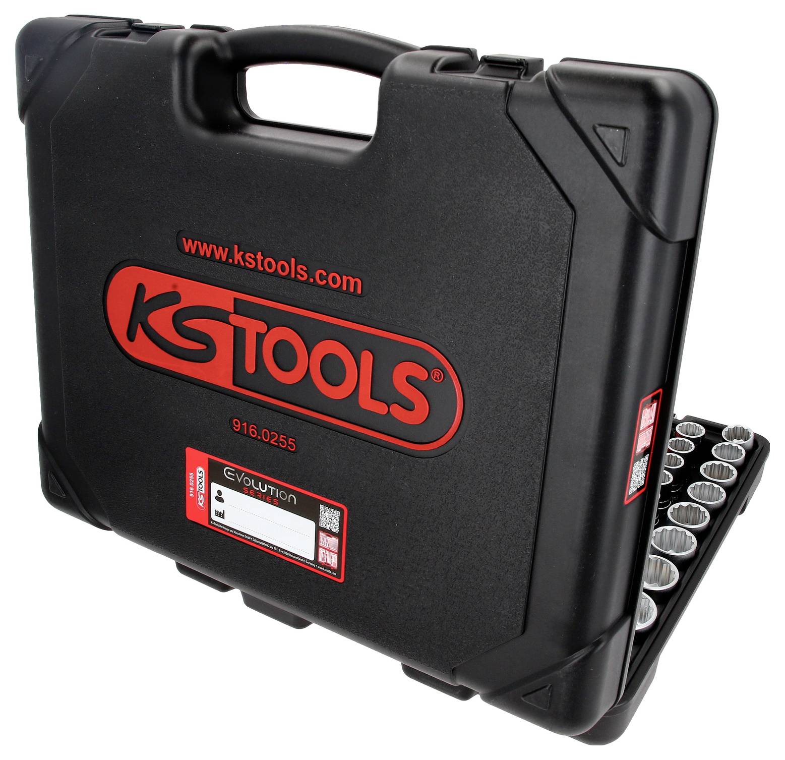 Schwarzer Kunststoffkoffer mit KS Tools-Logo, geöffneter Bereich mit mehreren Steckschlüsselaufsätzen sichtbar.