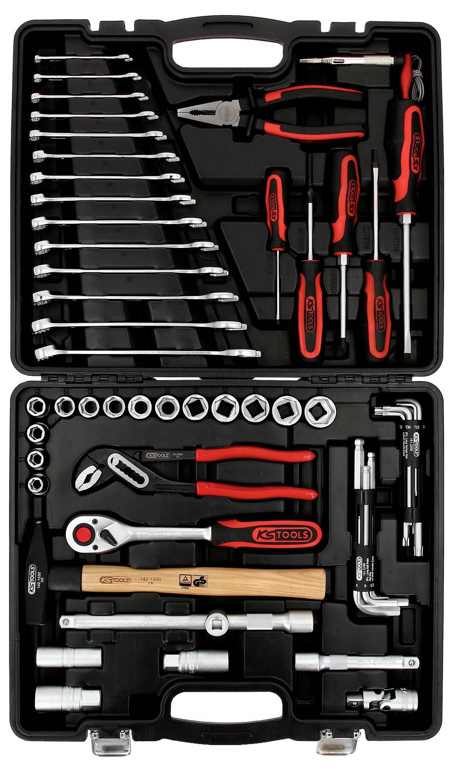 Werkzeugkoffer mit unterschiedlichen Handwerkzeugen: Schraubenschlüssel, Schraubendreher, Zangen, Hammer und Steckschlüssel.