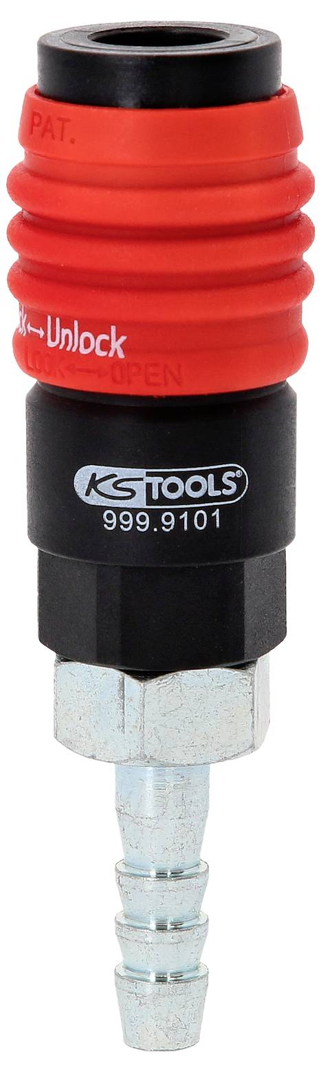 Ein Schnellkupplungsstecker aus Metall und Kunststoff von KS Tools, Modellnummer 999.9101, mit rotem Griff und Einrasteinrichtung.