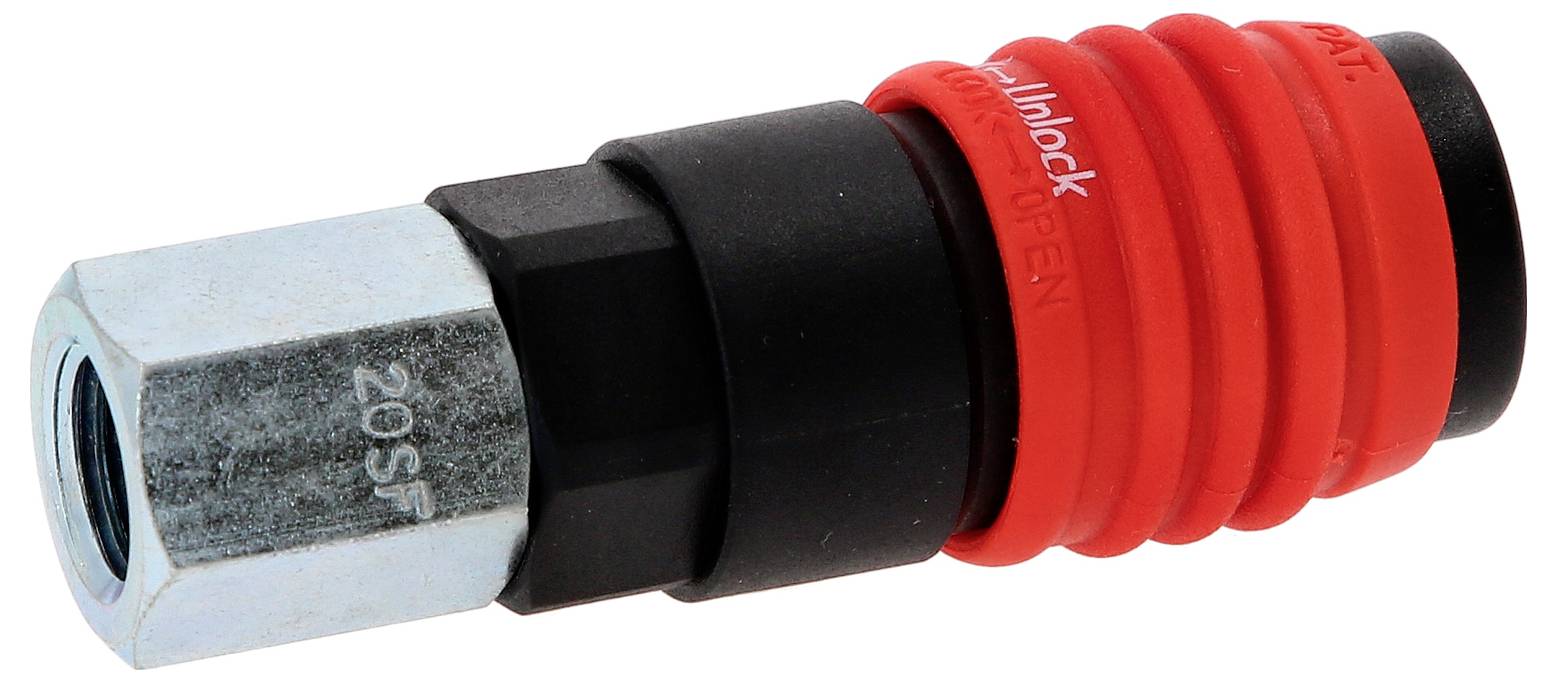 Schnellkupplung mit roter Ummantelung und Metallelementen, geeignet für Druckluftverbindungen in industriellen Anwendungen.