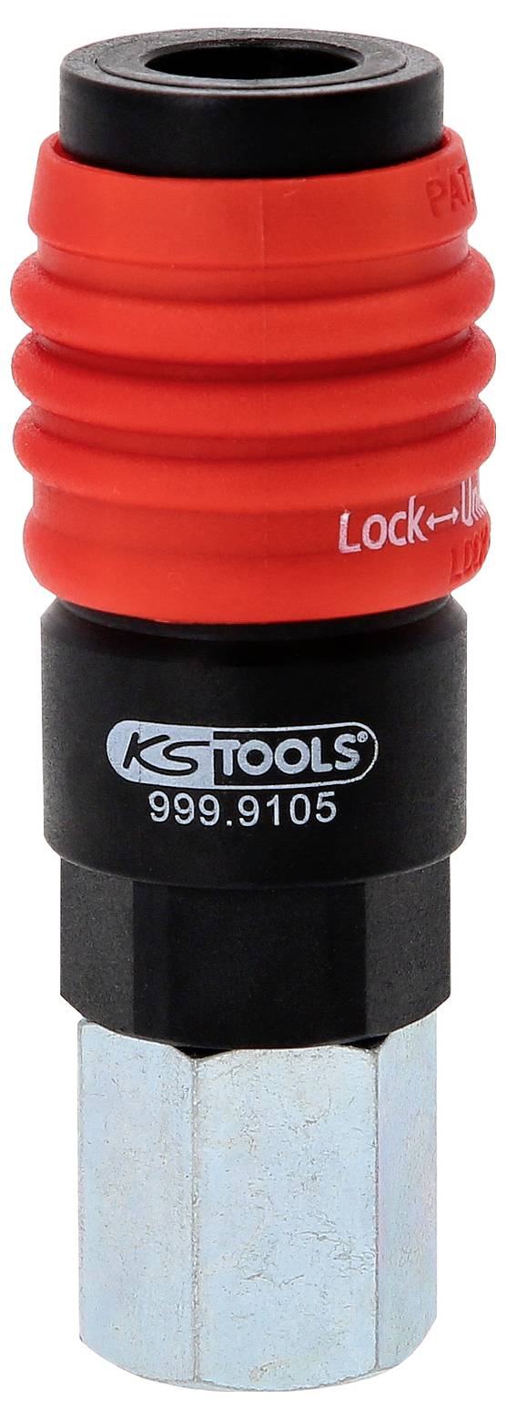 Ein Werkzeugadapter mit rotem Verriegelungsmechanismus und schwarzer Hülse, beschriftet mit 'KS Tools 999.9105'.