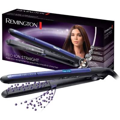 Ein Haarglätter mit der Aufschrift 'Pro-Ion Straight', verspricht glattes, glänzendes Haar. Auf der Verpackung ist eine Frau mit glattem Haar abgebildet.